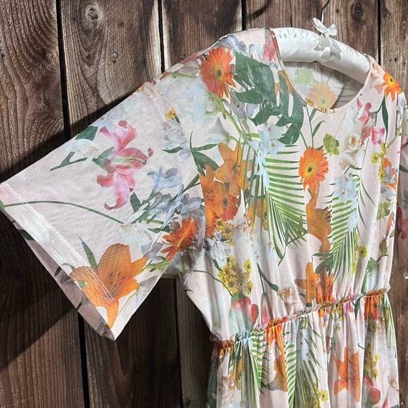 Zara Tropical Floral Bold Brat Sheer Tulle Mesh Short Sleeve Midi Dress Sz L - Picture 5 of 10
